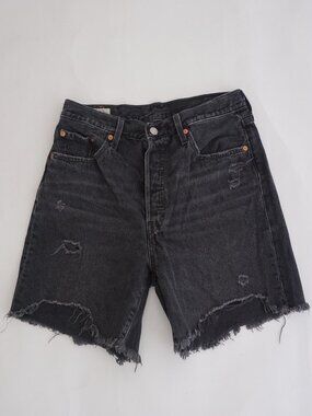 Levis Black Distressed Frayed Hem Cutoff Denim Shorts Button Fly Raw Edge 29